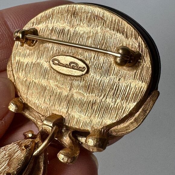 Vintage Designer Oscar de la Renta Black Glass Pearl Facet Crystal Dangle Brooch - Picture 8 of 14